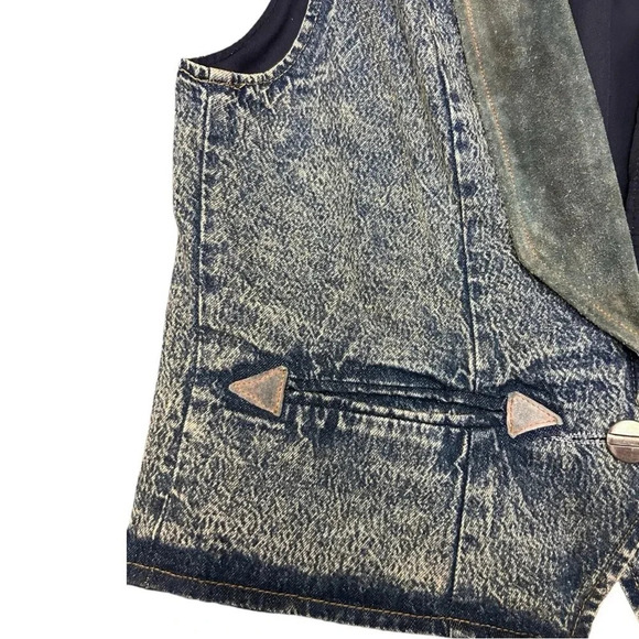 Rare Vintage Pioneer Wear 80s Acid Wash Leather Trim  Denim Jean Vest Unisex - Picture 7 of 14